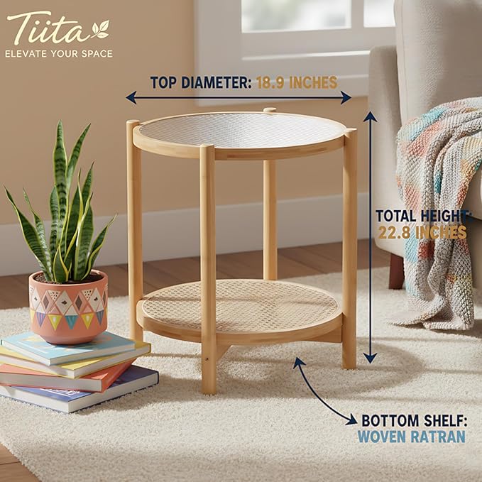 Tiita Rattan Nightstand Side Table, Bamboo Accent Bedside Tables, Glass Coffee - Image 4