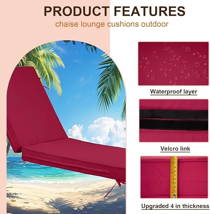 Outdoor Chaise Lounge Cushions, 4 Inch Thick Waterproof Fade Resistant Patio - Image 2