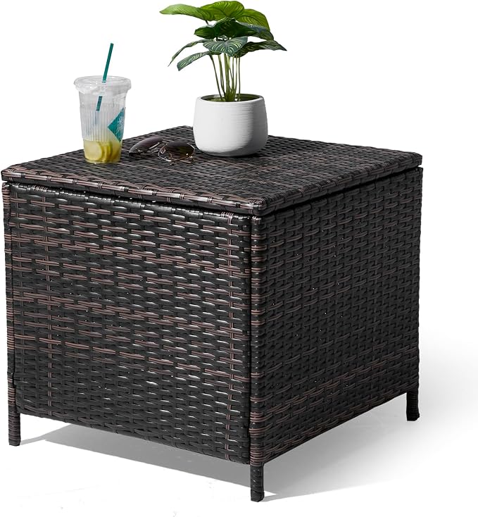 VINGLI Outdoor Side Table with Storage, 27-Gallon Patio Deck Box Outdoor Wicker by VINGLI