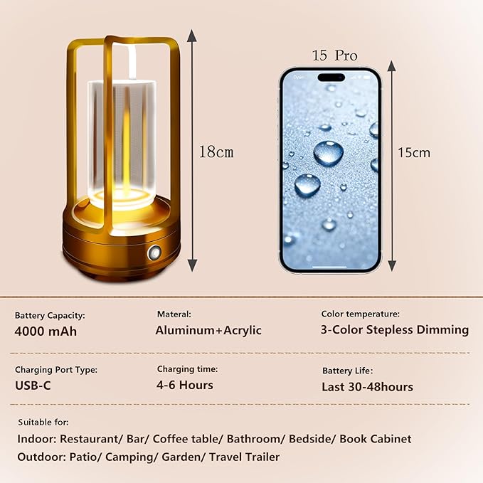 Outdoor Table Lamp, 4000mAh Rechargeable Battery Operated lamp, 3 Color - Image 5