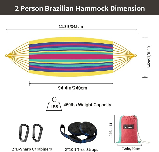 Brazilian Double Hammock with Tree Straps, Extra Large 94x63IN, 2 Persons - Image 3