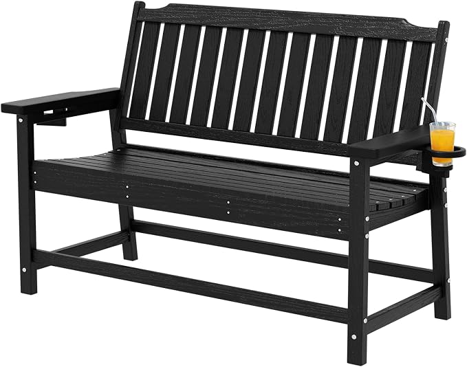 Outdoor Bench with Cup Holder All-Weather HDPE Fade Resistant Garden Bench 660 by WELYAS