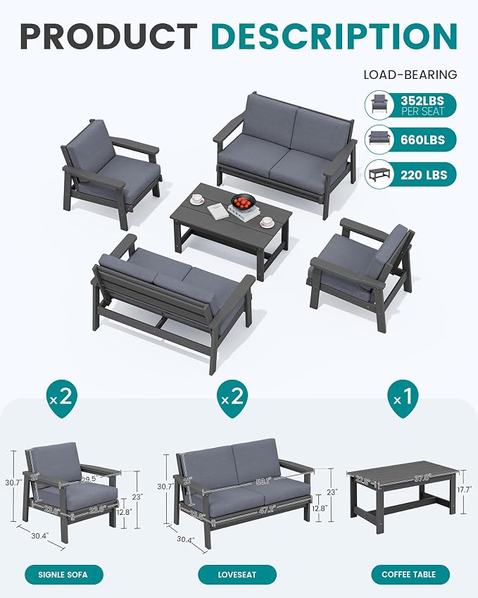 SERWALL HDPE Patio Furniture Set, 5 Piece All Weather Wood-Like Sectional - Image 2