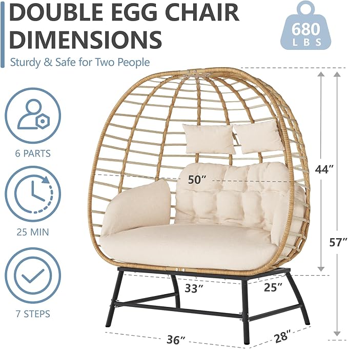 SWITTE Double Wicker Egg Chair Outdoor, Indoor 2-Person Papasan Loveseat - Image 2