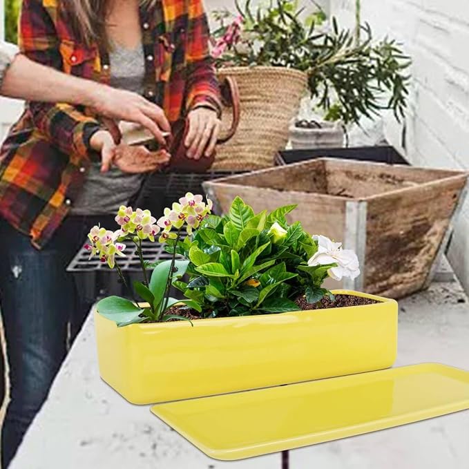 Vencer 14 Inch Rectangular Modern Minimalist Ceramic Succulent Planter Pot - Image 7