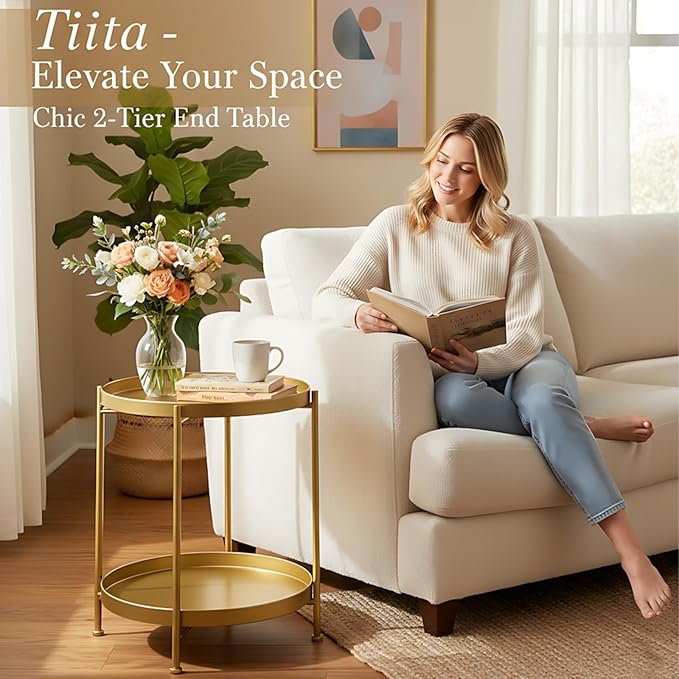Tiita 2 Pack Round End Table Mental Side Table Nightstand/Small Wood Tables - Image 5