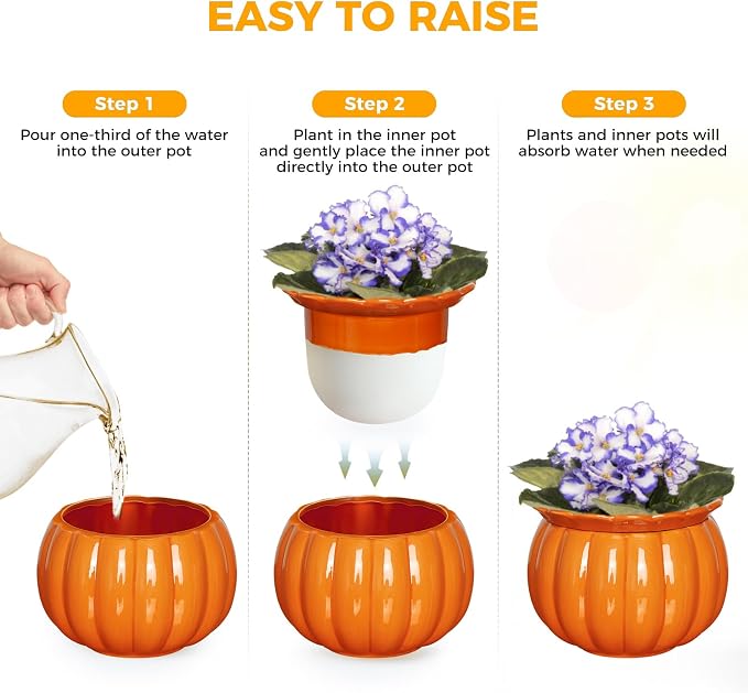BUYMAX African Violet Pots, Halloween Pumpkin Plant Pots Ceramic Easy Self - Image 4