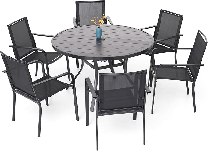 7-Piece Outdoor Patio Dining Set, 6 Stackable Chairs & 48-inch Round by Anmutig