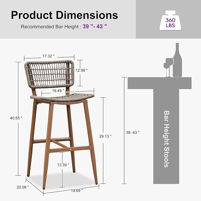 PURPLE LEAF Bar Stools Set of 2 Patio Wicker Bar Height Metal Chairs Boho - Image 2