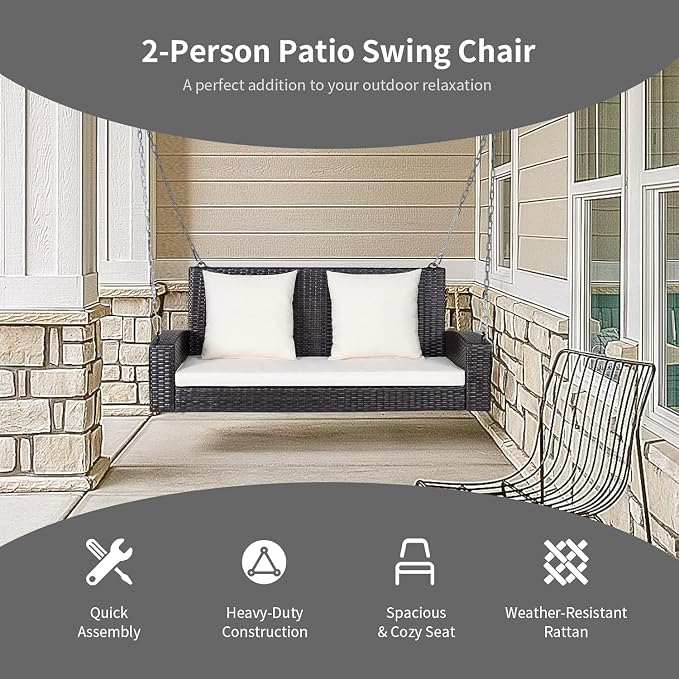 RELAX4LIFE 2-Seat Rattan Porch Swing, Wicker Outdoor Swings w/7.9 Ft Solid - Image 7