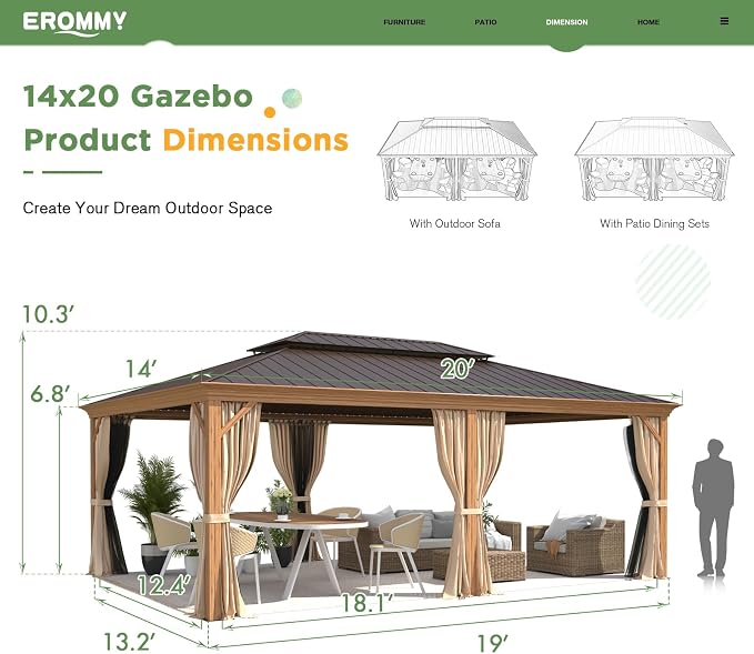 EROMMY 14'x20' Gazebo, Galvanized Steel Double Roof - Image 4