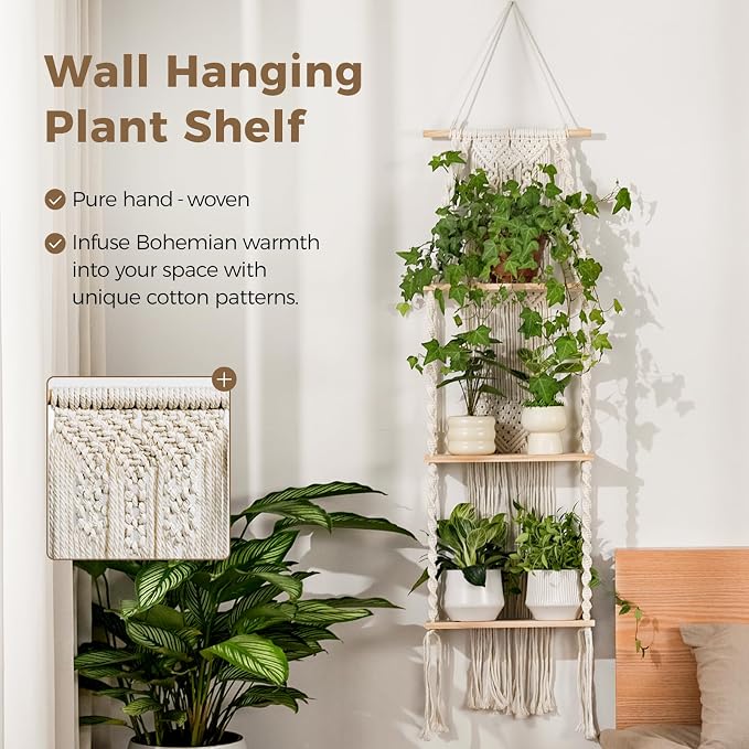 Bamworld Plant Wall Shelf Boho Plant Stand Window Plant Shelf 3 Tier Macrame - Image 4