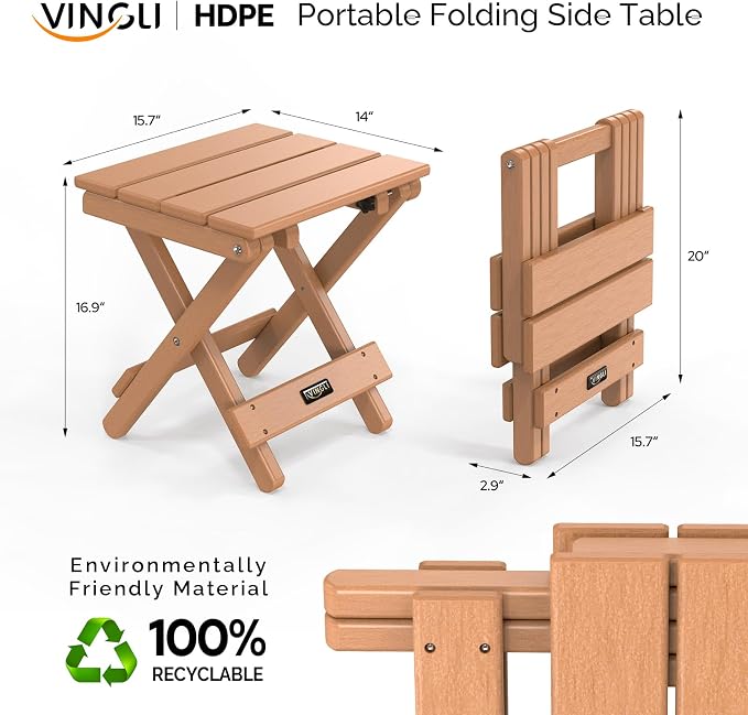 VINGLI Small HDPE Folding Side Table, Plastic Waterproof Portable Adirondack - Image 2