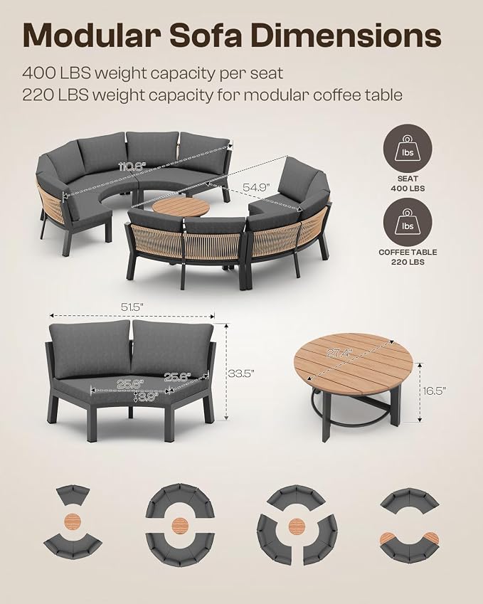 Outdoor Patio Sectional Modular Sofa, Aluminum 1 Piece Curved Patio Couch - Image 2