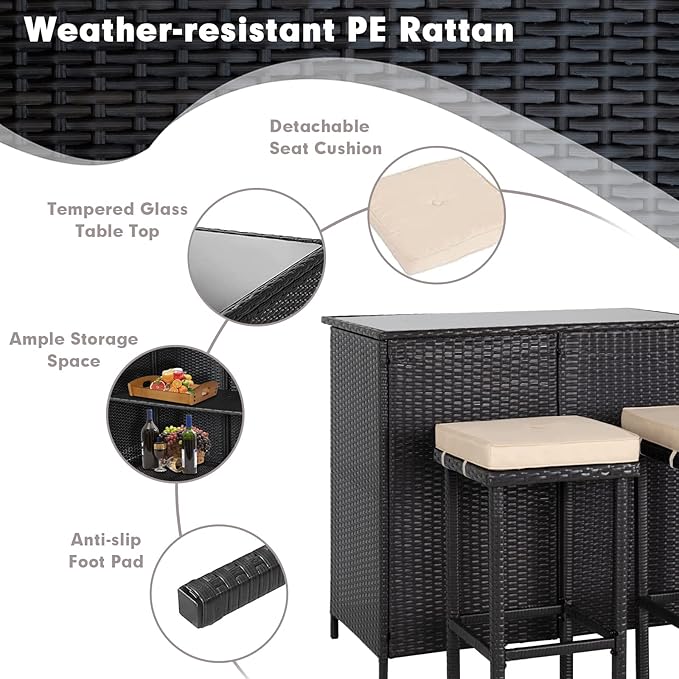Crownland 3-Piece Wicker Outdoor Furniture Bar Set, 2 Stools and 1 Glass Top - Image 3