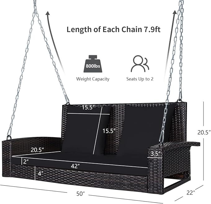 RELAX4LIFE Porch Swing 2-Seat Patio Rattan, Wicker Porch Swings Outdoor W/Two - Image 7