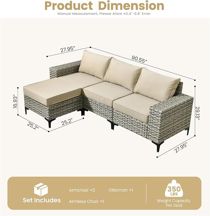 HOOOWOOO Outdoor Sectional Furniture Set, 4 Pieces Wicker Patio Conversation - Image 6