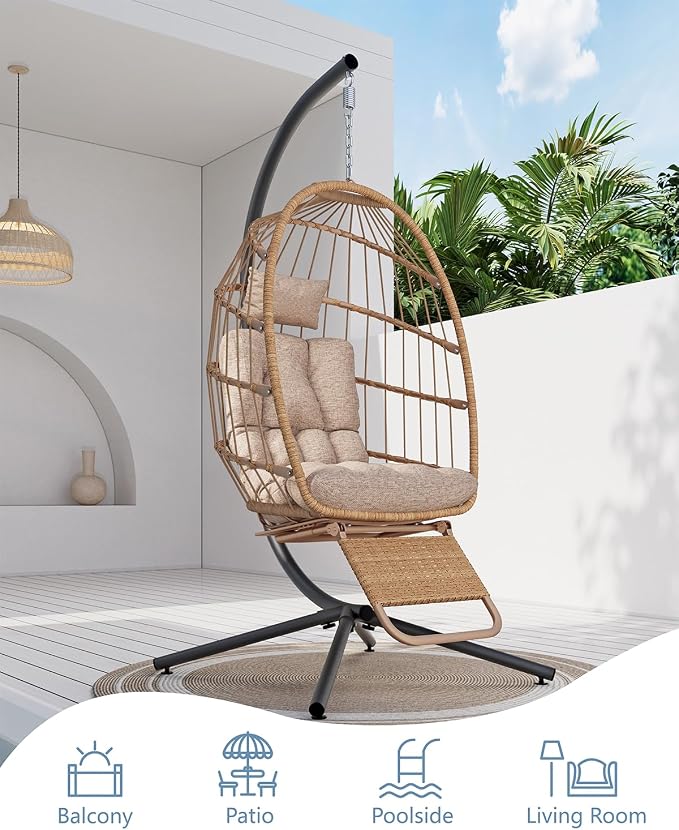 SWITTE Egg Chair Outdoor with Footrest & Stand, Indoor Wicker Hanging Egg Swing - Image 4