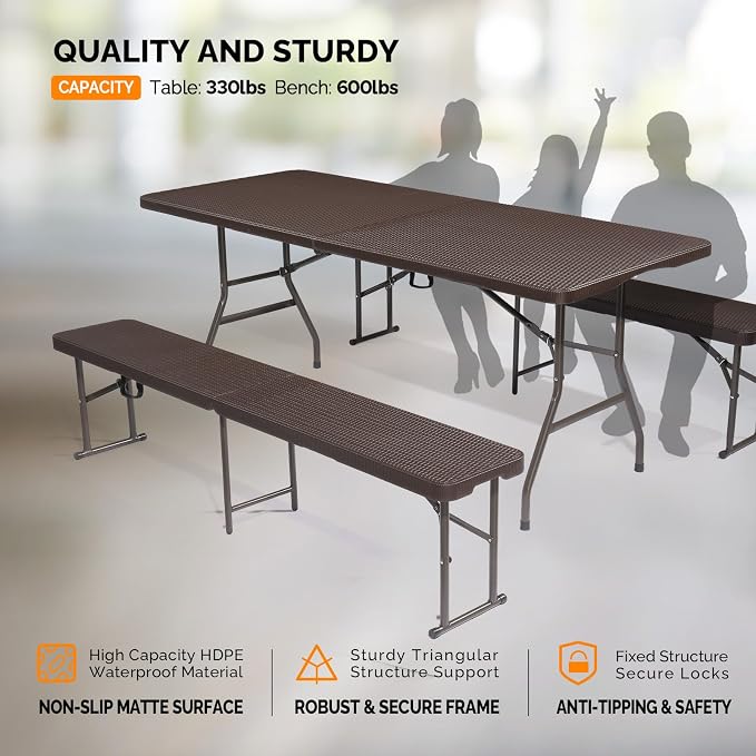 VINGLI Picnic Table Set with 2 Benches, 6 Feet Camping Table Chair Set - Image 2