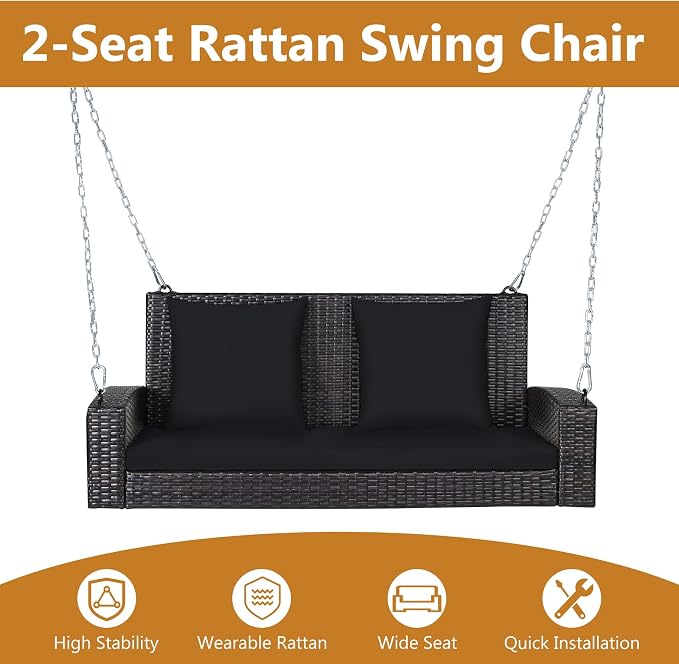DORTALA Hanging Porch Swing, 2-Person Outdoor Wicker Swing Chair Bench - Image 2