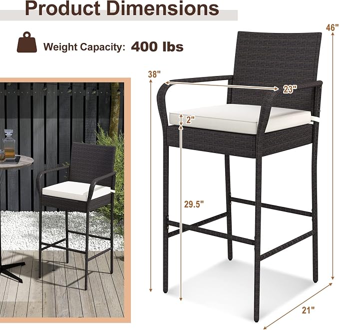 COSTWAY Wicker Bar Stools Set of 4, Patio Bar Height Chairs - Image 3