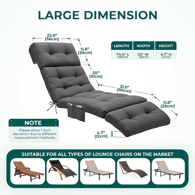 Outdoor Chaise Lounge Chair Cushion Waterproof 74.4 x 22 x 4.7 Inches Lounge - Image 3
