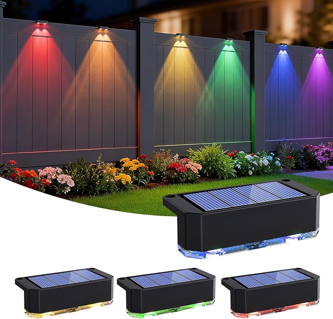 Peasur Solar Fence Lights Outdoor RGB, 4 Pack Step Light Solar Powered by Peasur