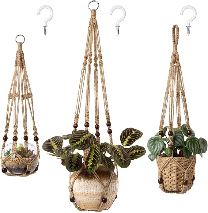 Mkono 3 Pack Macrame Plant Hangers Indoor Different Size Hanging Planter Basket by Mkono