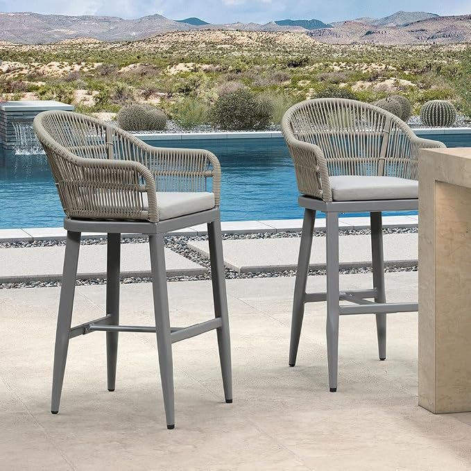 PURPLE LEAF Outdoor Bar Height Stools Set of 2 Patio Metal Modern Wicker Rattan - Image 3