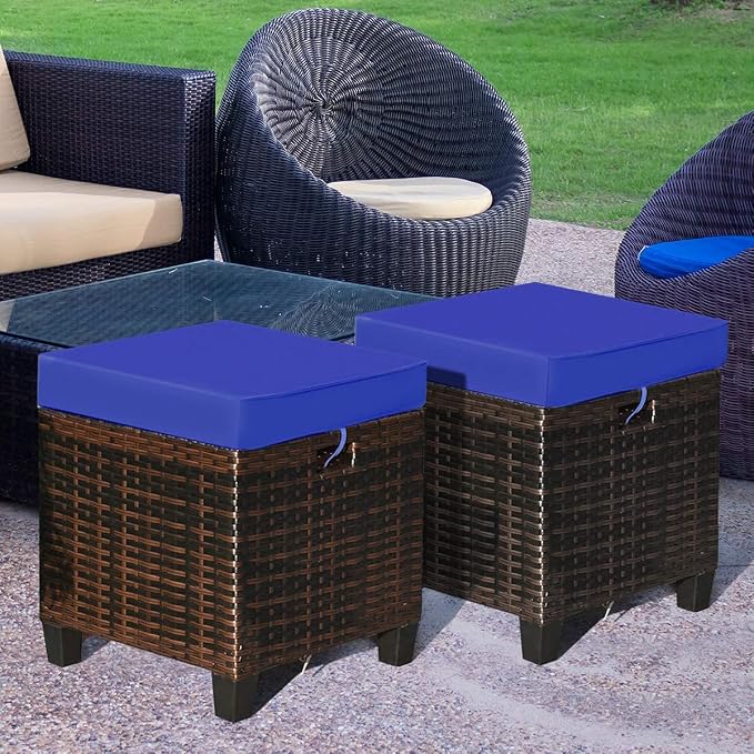 Giantex 2-Piece Rattan Patio Ottoman, All Weather Wicker Ottoman w/Removable - Image 2