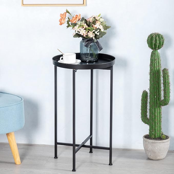 HollyHOME Small Round Metal Waterproof End Table, Accent Indoor&Outdoor Coffee - Image 2