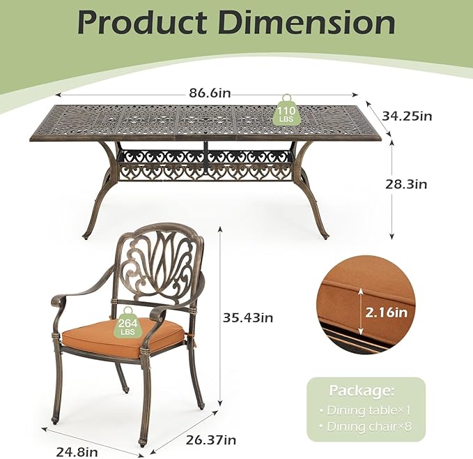 Cast Aluminum Patio Furniture Set 9-Piece Outdoor Dining Set Includes 86.6’’ - Image 2