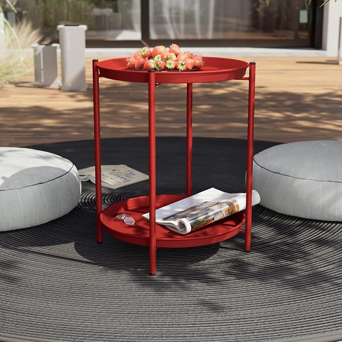 Grand patio Outdoor Side Table 2-Tier End Table Round Accent Table Peacock Red - Image 2
