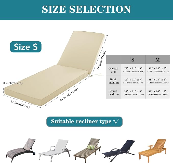Chaise Lounge Cushion for Outdoor Furniture, Waterproof Fade and Tear Resistant - Image 5