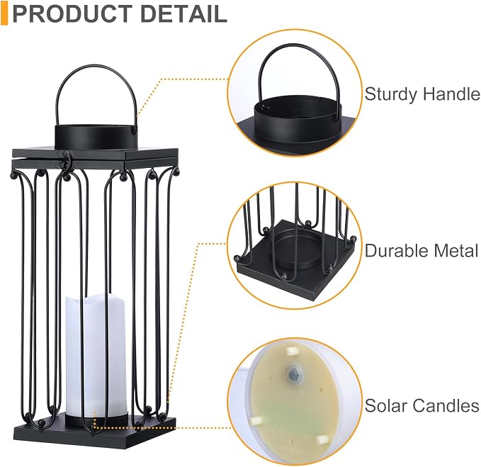 Solar Lantern Decorative Outdoor Set of 2 Modern Black Metal Lanterns - Image 4