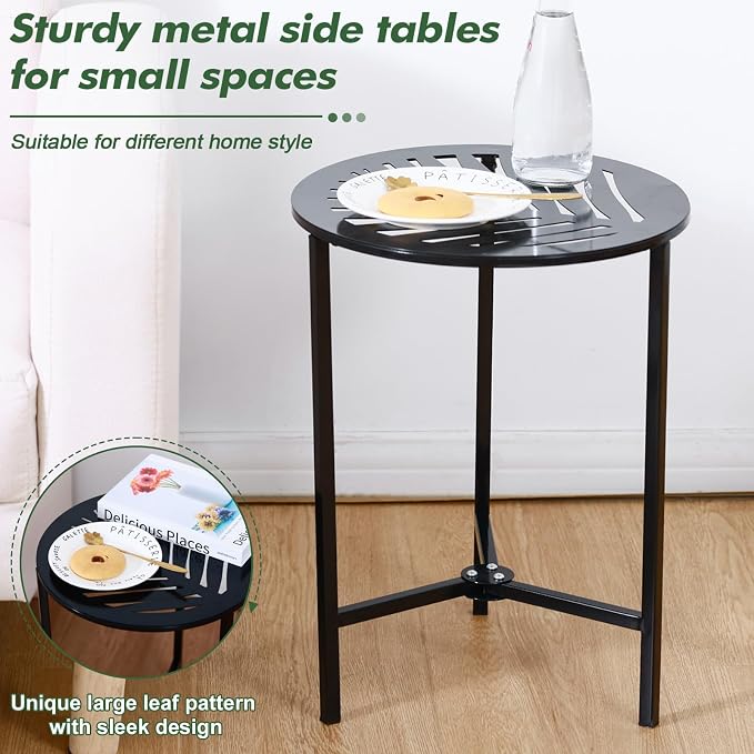 Party Zealot Set of 2 Small Round Metal Side Tables 13 Inches Black Outdoor End - Image 5
