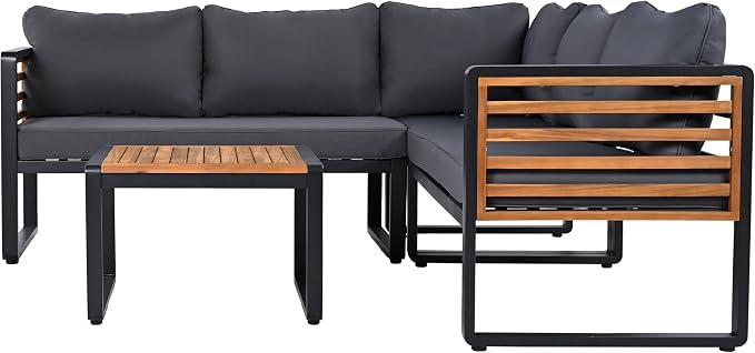 4 Pieces Outdoor Patio Conservation Set, Metal and Wood Frame Sectional - Image 3