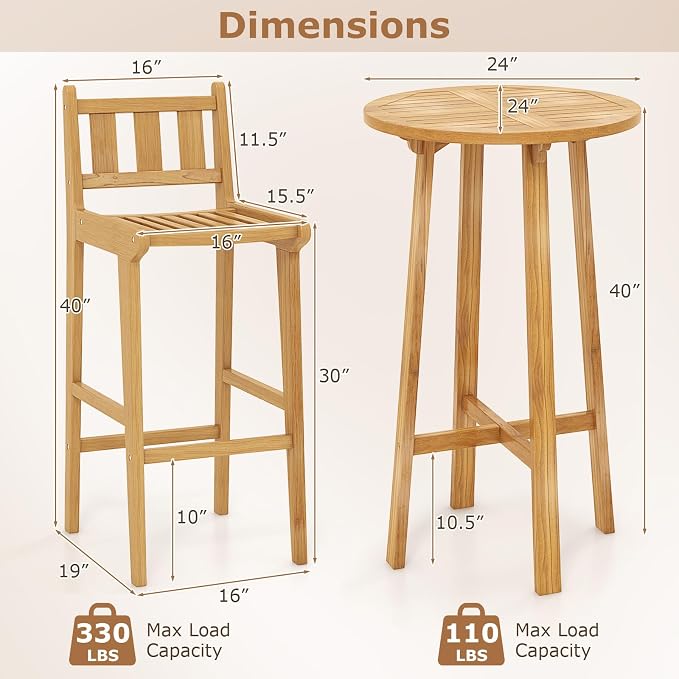 Tangkula 3 Piece Patio Bar Set, Teak Wood Bistro Furniture - Image 4
