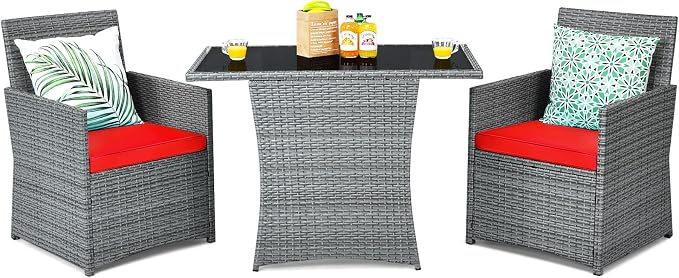 Tangkula 3 Pieces Patio Dining Set, Patiojoy Space-Saving PE Rattan Bistro Set by TANGKULA