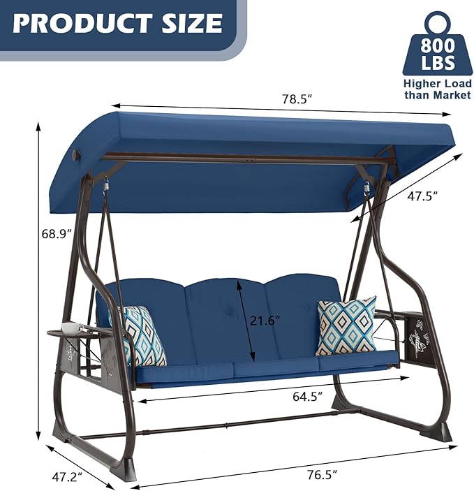 3-Seat Patio Porch Swing 800LBS Outdoor Swing - Image 7