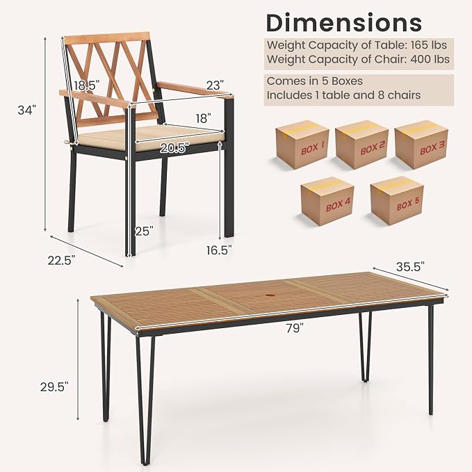Tangkula 9 Piece Patio Dining Set, Outdoor Rectangular Dining Table w/Acacia - Image 4