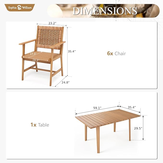 Sophia & William 7-Piece Patio Outdoor Dining Table Chair Set, Rattan Furniture - Image 7