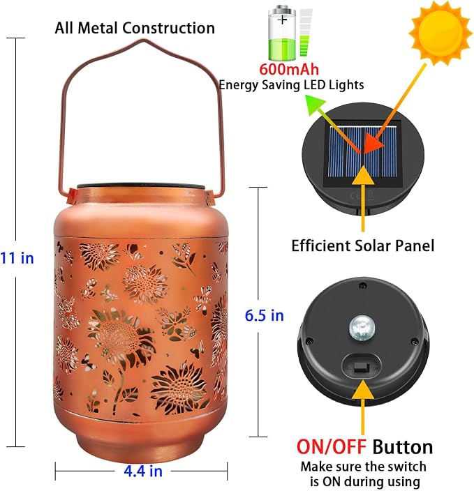 Sunflower Solar Lantern Outdoor Waterproof, Metal Hanging Solar Powered Lantern - Image 6