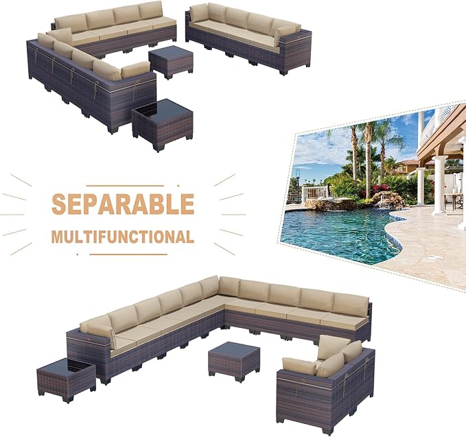 Kullavik 14 Pieces Outdoor Patio Furniture Set, Sectional Rattan Sofa Set Brown - Image 5