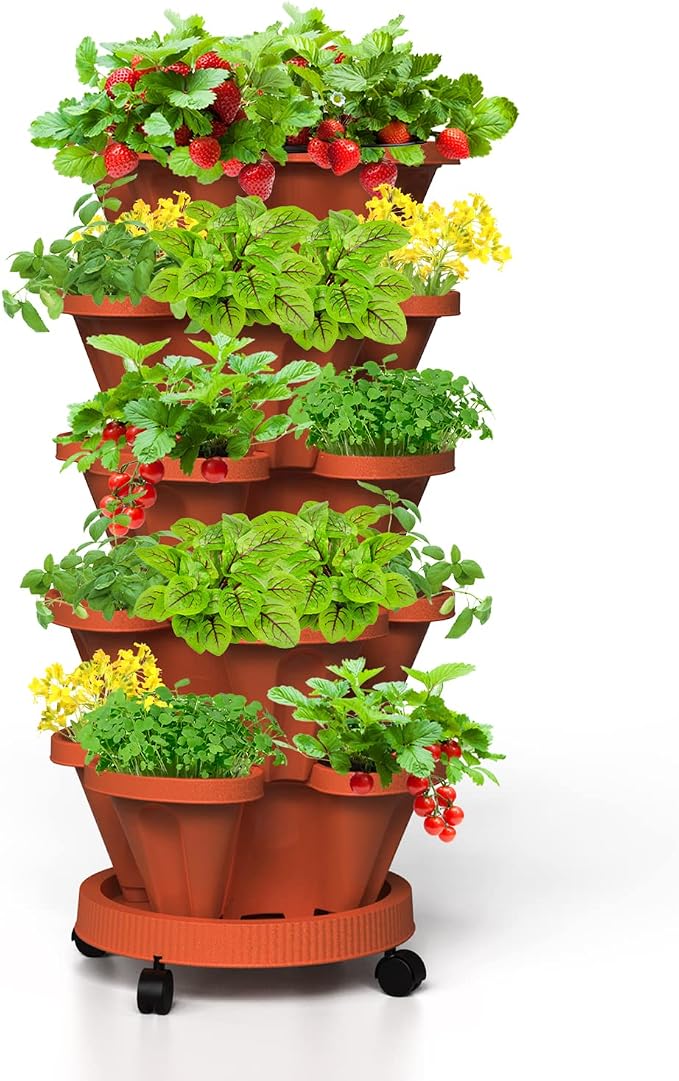 Strawberry Stackable Planter, Vertical Tower Garden, 5 Tiered Stacking Herb by Tectsia