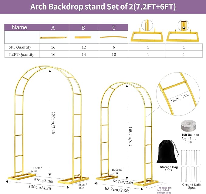 Metal Garden Arch Trellis Arbor Set of 2, 7.2FT+6.6FT Wedding Arch Stand - Image 4