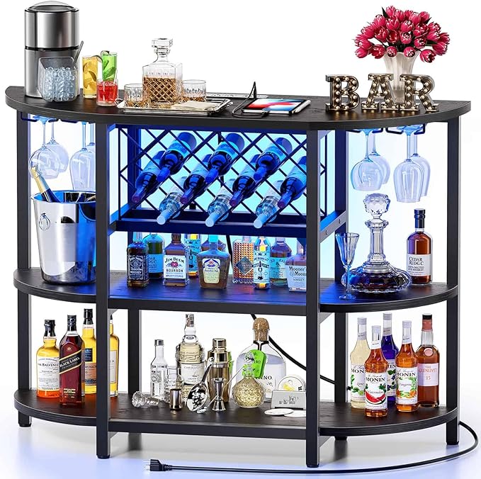 Zarler Bar Cart with Power Outlet Easy to Assemble, LED Home Bar Cabinet by ZarlerOfficial