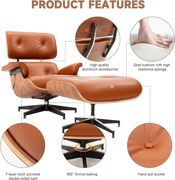 Top Grain Leather, Mid Century Chaise Lounge Chair and Ottoman, Modern Chair - Image 4