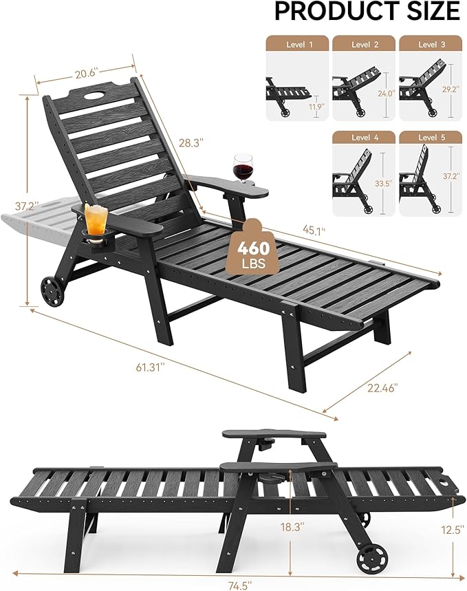 Carauci Lounge Chair Outdoor Set of 4, HDPE Chaise Lounge - Image 3