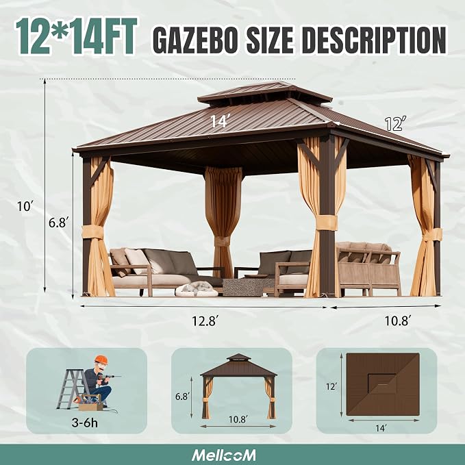 MELLCOM 12' x 14' Gazebo, Hardtop Double Roof Gazebo - Image 5